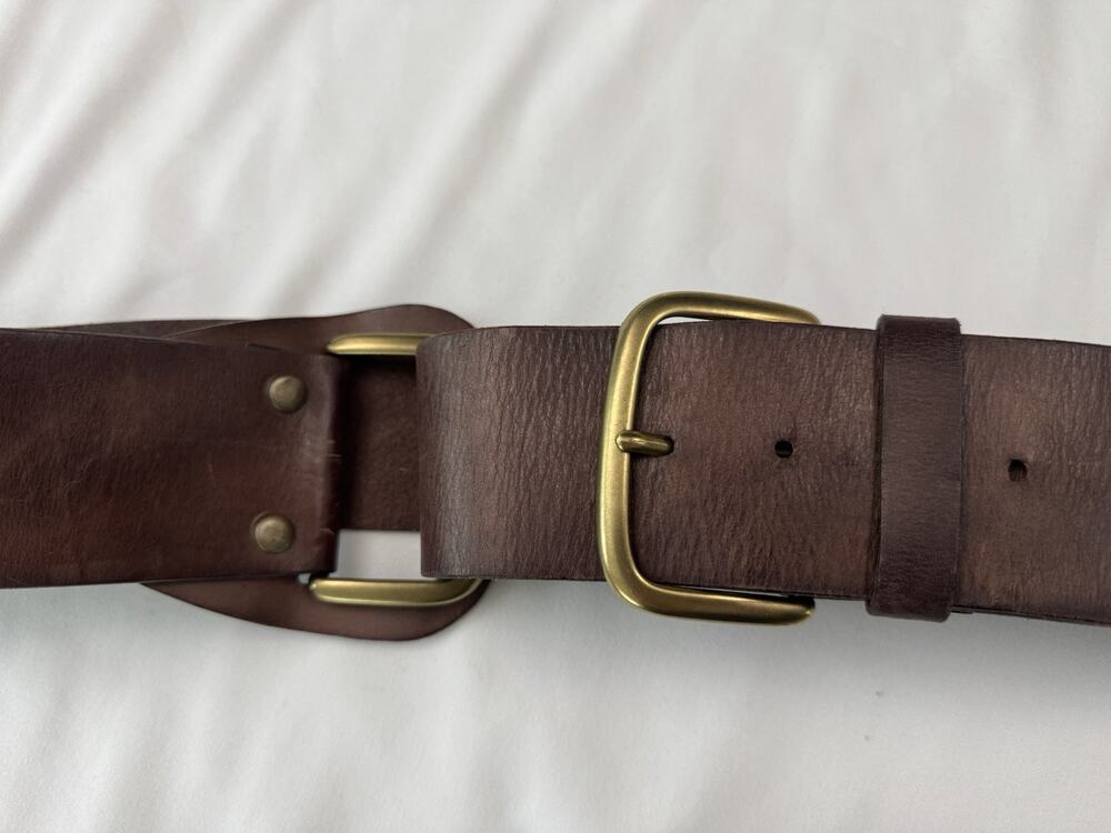 Linea Pelle Brown Leather Wide Belt Brass Buckle Double Ring Boho Western Medium